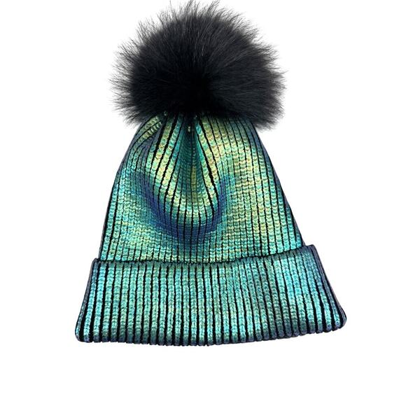 Adrienne Landau Sequin Beanie Hat OS Black Fox Fur Pom Metallic Iridescent NWOT - Picture 2 of 5